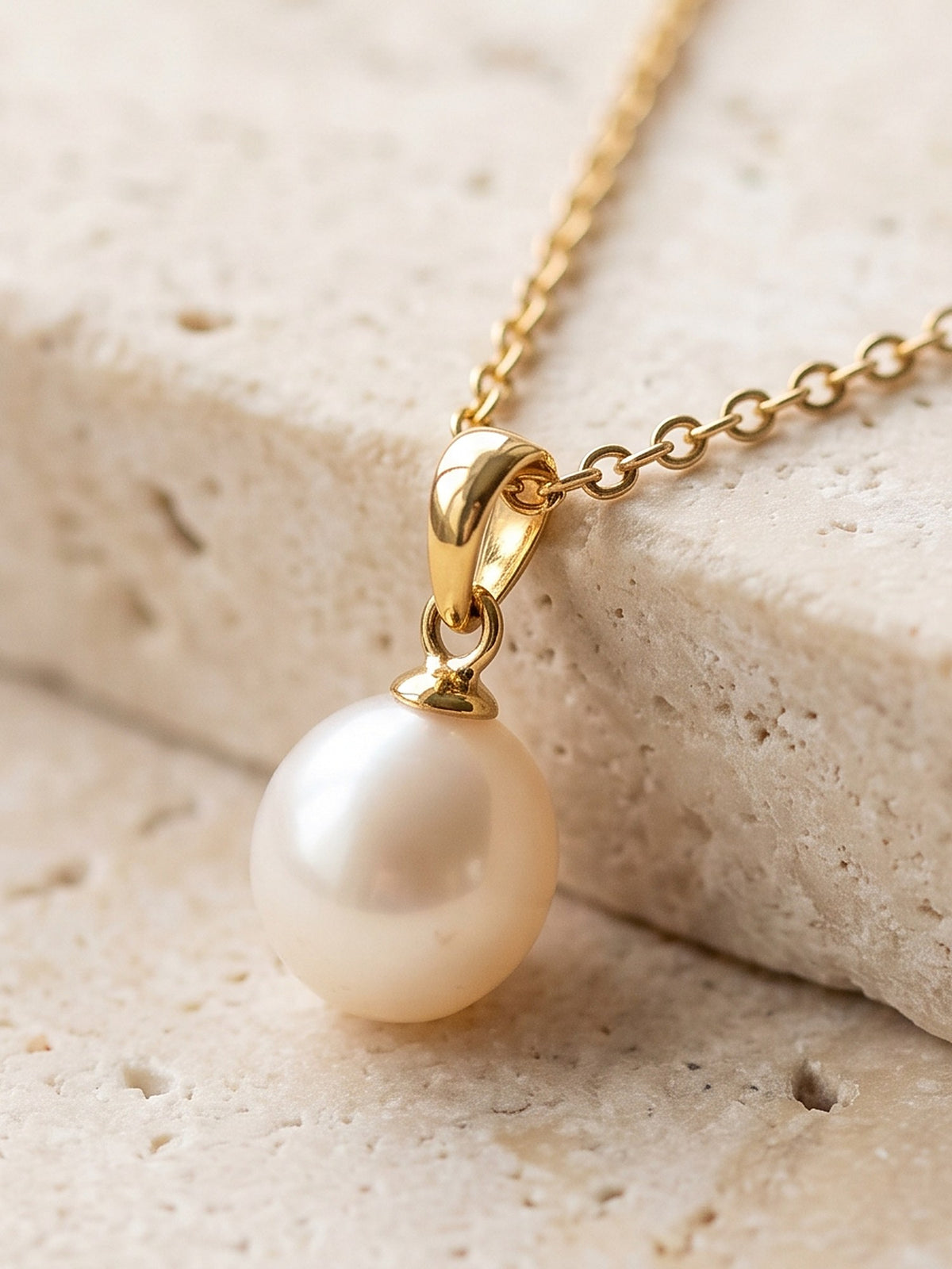 Close-up of the freshwater pearl and gold vermeil bail of the pendant necklace